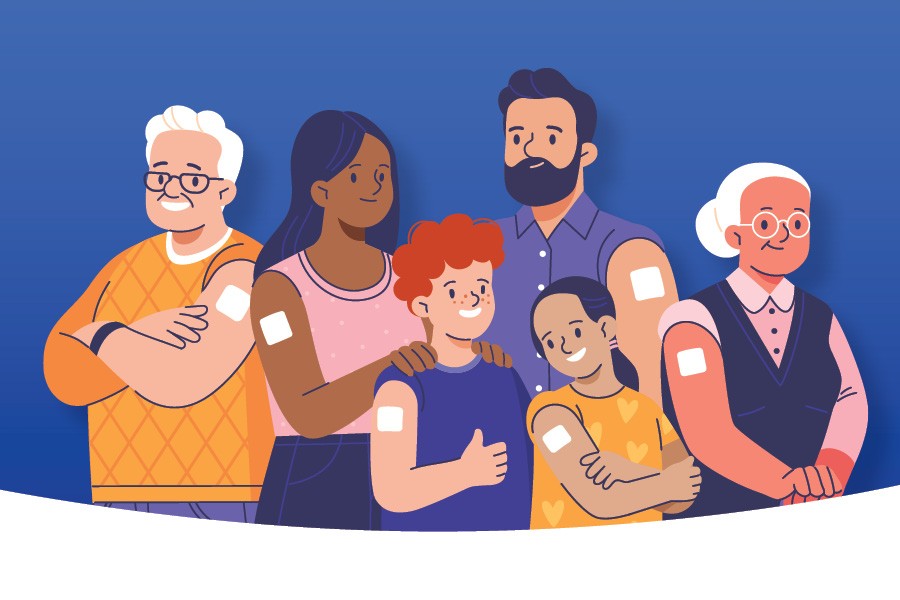 Graphic of diverse group with bandages from receiving immunizations